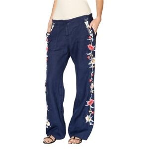 JW Los Angeles Navy Blue Embroidered Linen Blend Wide Leg Pants Size S‎